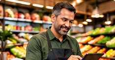 Épicier consultant sa tablette