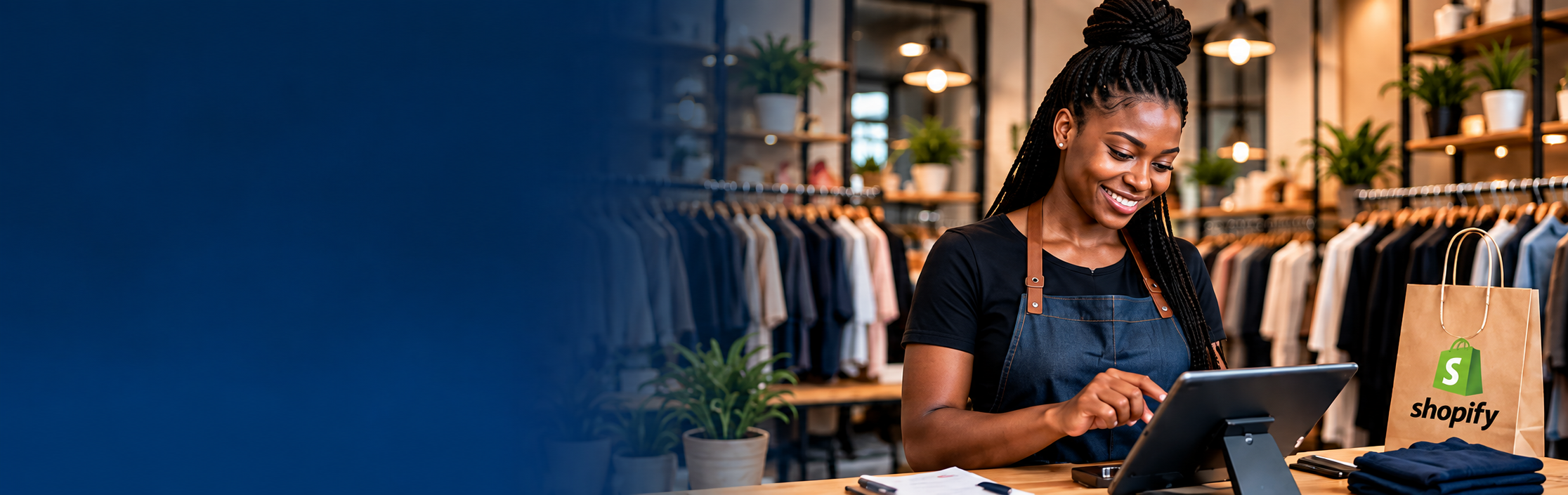 Commerçante utilisant Shopify POS sur une tablette dans sa boutique