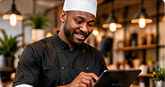 Restaurateur utilisant une tablette