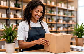 Commerçante préparant une commande dans sa boutique