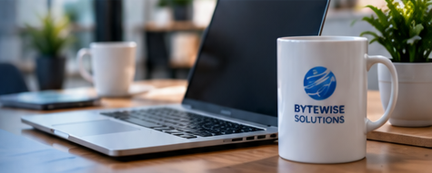 Ordinateur portable et tasse BYTEWISE SOLUTIONS sur un bureau