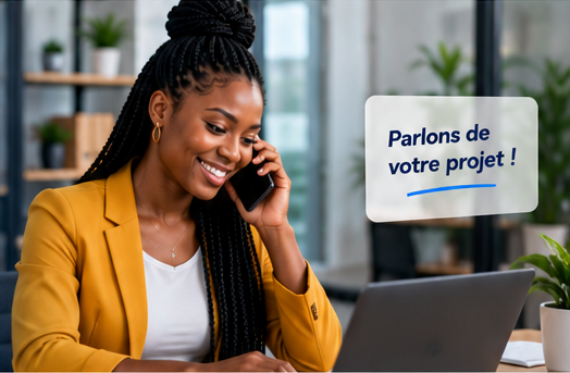 Conseillère en veste jaune répondant au téléphone, avec le message Parlons de votre projet !