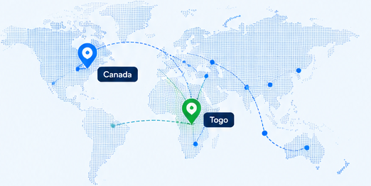 Carte du monde reliant le Canada, le Togo et les marchés internationaux