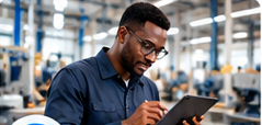 Professionnel suivant la production sur une tablette
