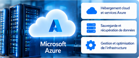 Microsoft Azure et serveurs : hébergement cloud, sauvegarde et récupération de données, gestion et optimisation de l’infrastructure.