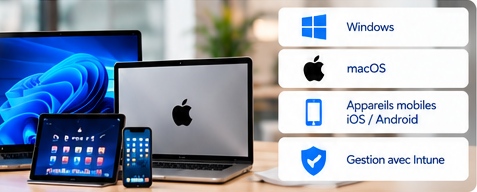 Ordinateurs Windows et Mac, tablette et téléphone : Windows, macOS, appareils mobiles iOS et Android, gestion avec Intune.