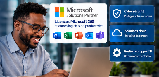 Professionnel au travail sur ordinateur, avec Microsoft 365, cybersécurité, solutions cloud et support TI