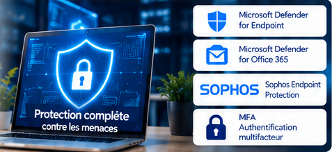 Protection contre les menaces : Microsoft Defender for Endpoint, Microsoft Defender for Office 365, Sophos Endpoint Protection et authentification multifacteur.