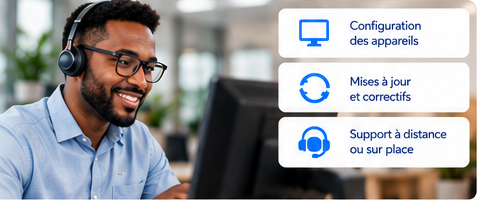 Conseiller informatique avec casque : configuration des appareils, mises à jour et correctifs, support à distance ou sur place.