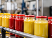 Bouteilles de produits finis sur une chaîne de production