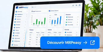 Tableau de bord MRPeasy affiché sur un ordinateur portable