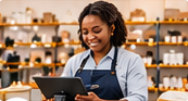 Commerçante consultant ses ventes sur une tablette